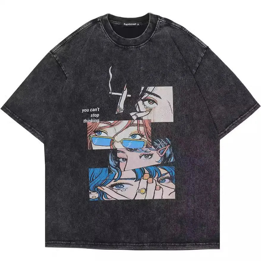 Men's retro cotton-padded t-shirt with cartoon digital printing in loose fit streetwear style