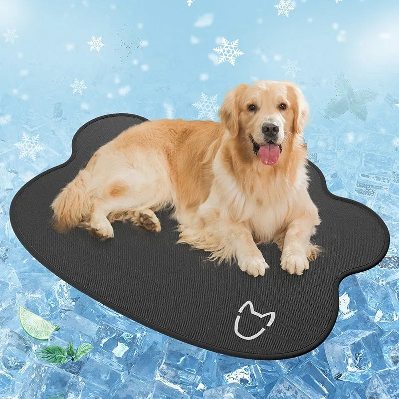 Dog cooling ice mat with simple dog head pattern in light grey colour showing non-slip underside