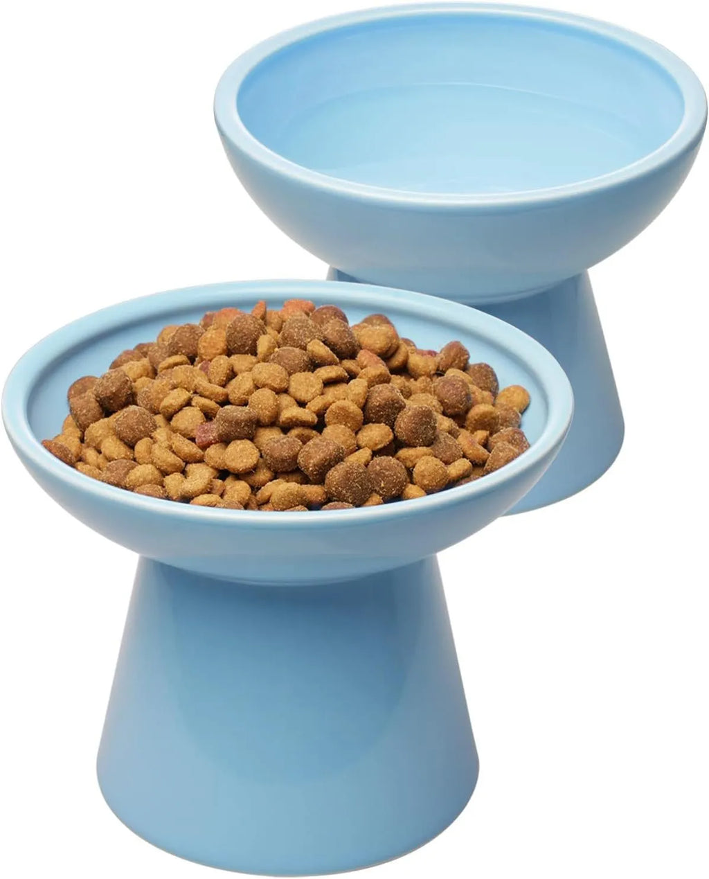 Ceramic elevated cat bowl with wide shallow design in blue, green, pink or white