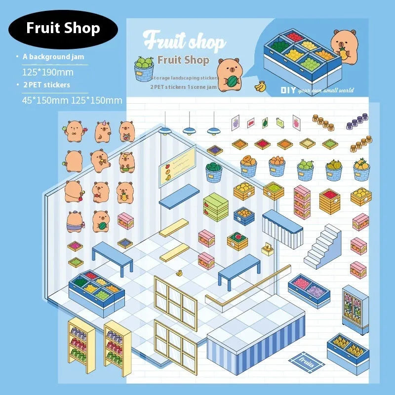 Capabala pre-cut PET cartoon sticker sheet in themes like pink restaurant and green bookstore.