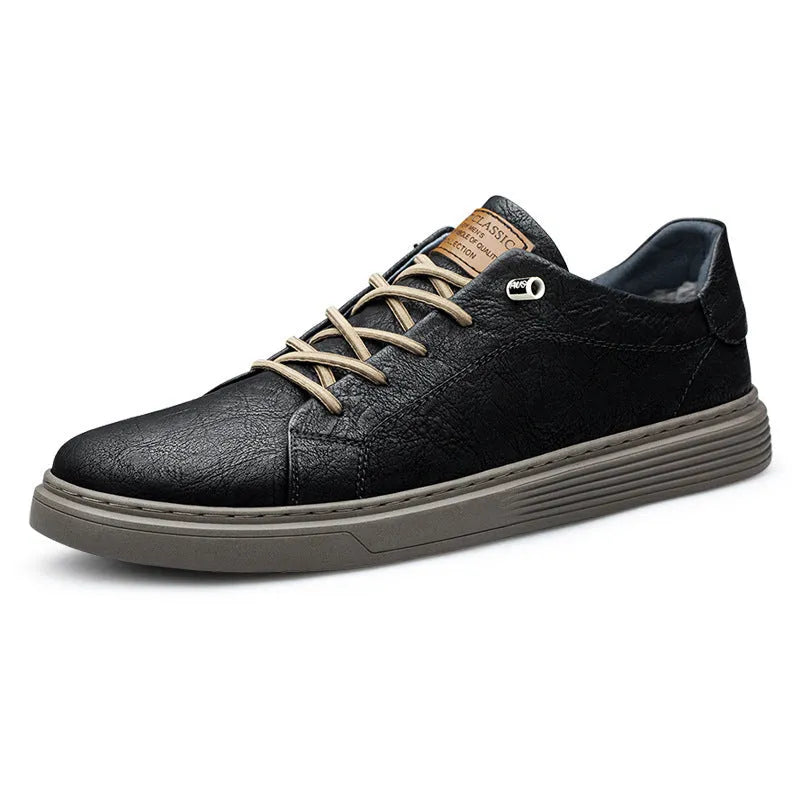 Two-layer cowhide low-top casual sneakers for men, solid colour, round toe, front lace-up, available in khaki black beige