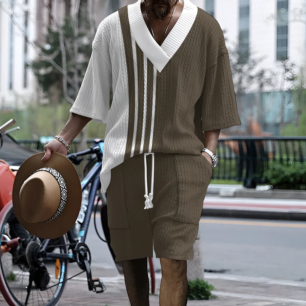 Men's printed knitted shorts suit with drop-shoulder short-sleeved top and matching shorts
