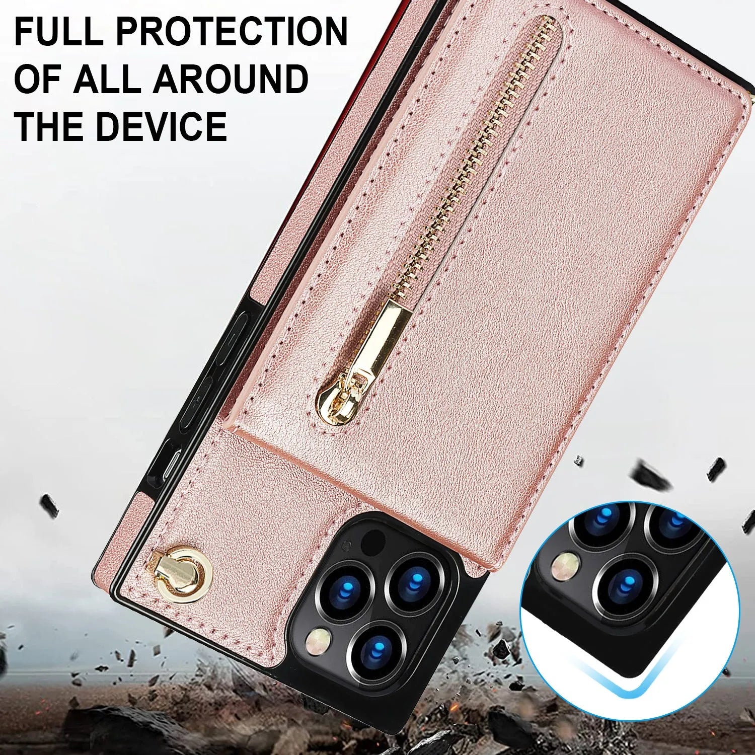 Crossbody zipper phone case for iPhone 15 Pro Max in black TPU leather with lanyard and bracket