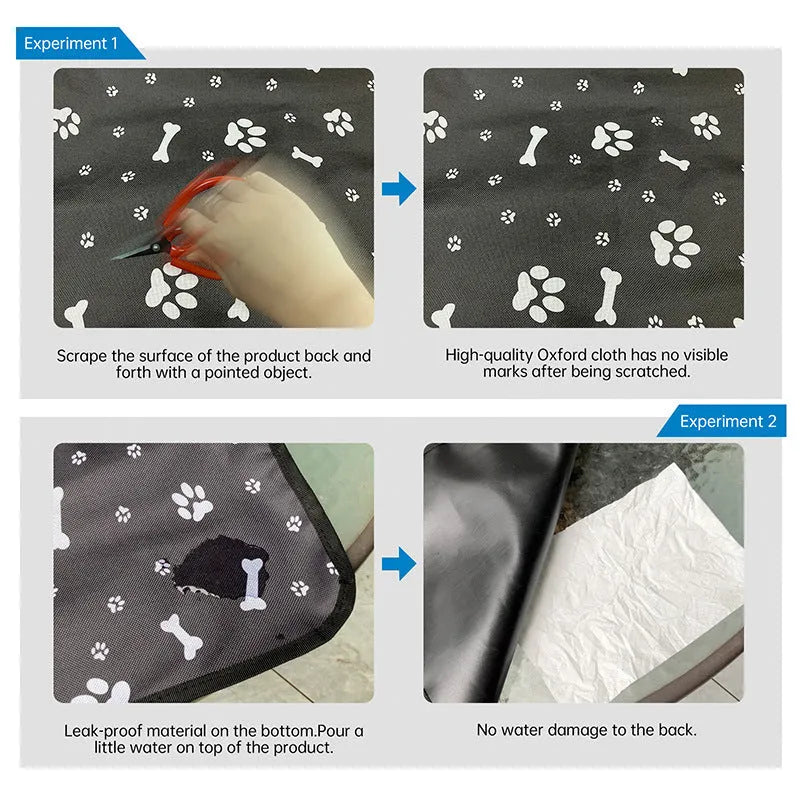 Cloth car pet mat for rear seat protection in multiple colours and dog-themed prints.