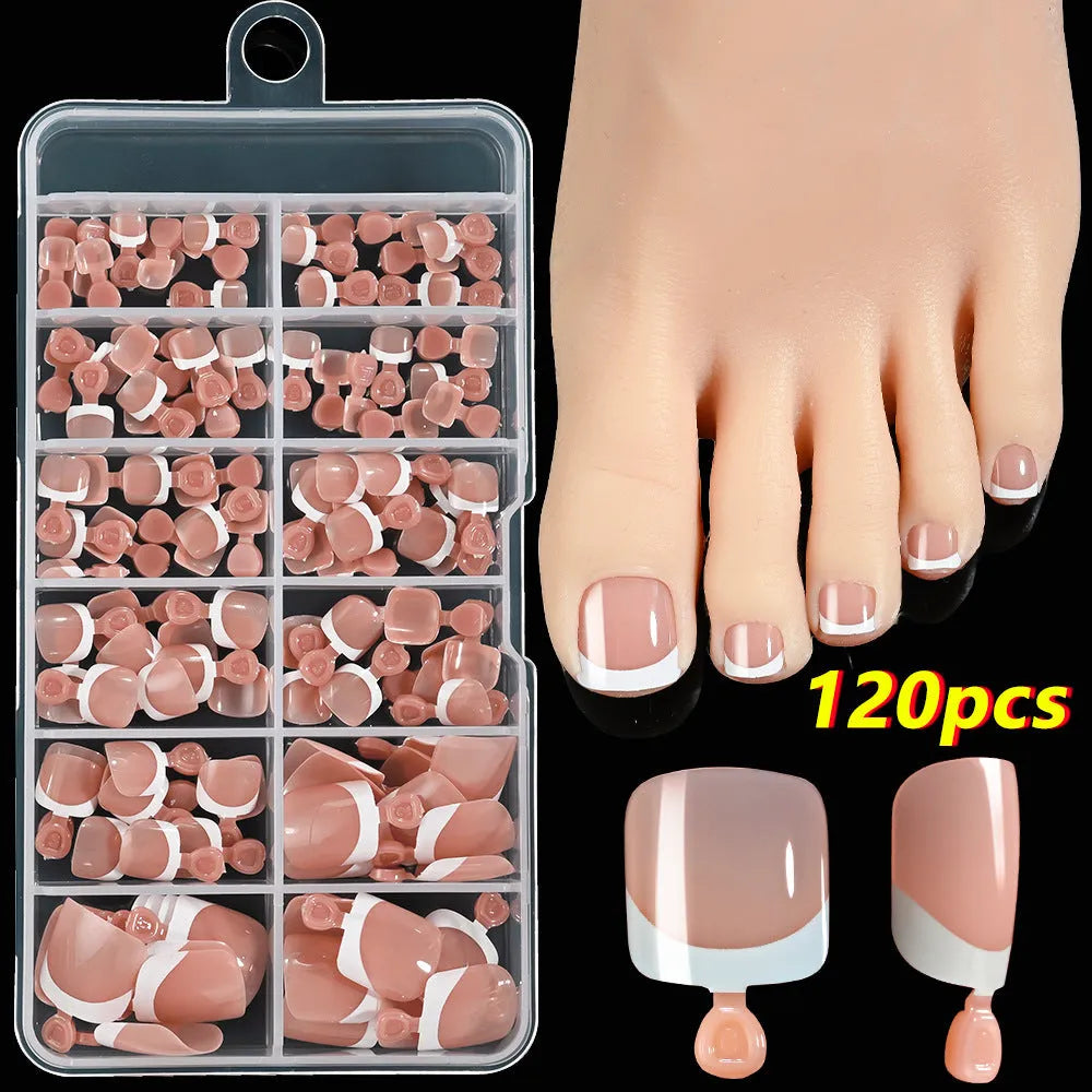 120-piece box of French white edge nude full square short artificial toenails in nine shades