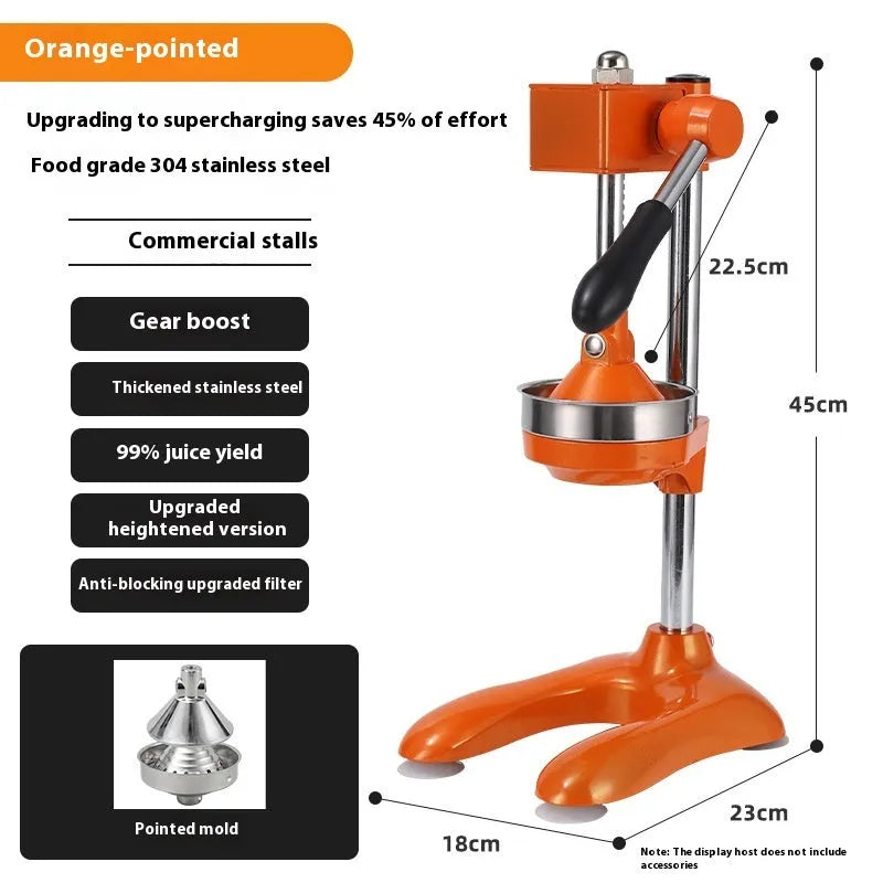 Vertical stainless steel manual juicer with zinc alloy frame in multiple colour options