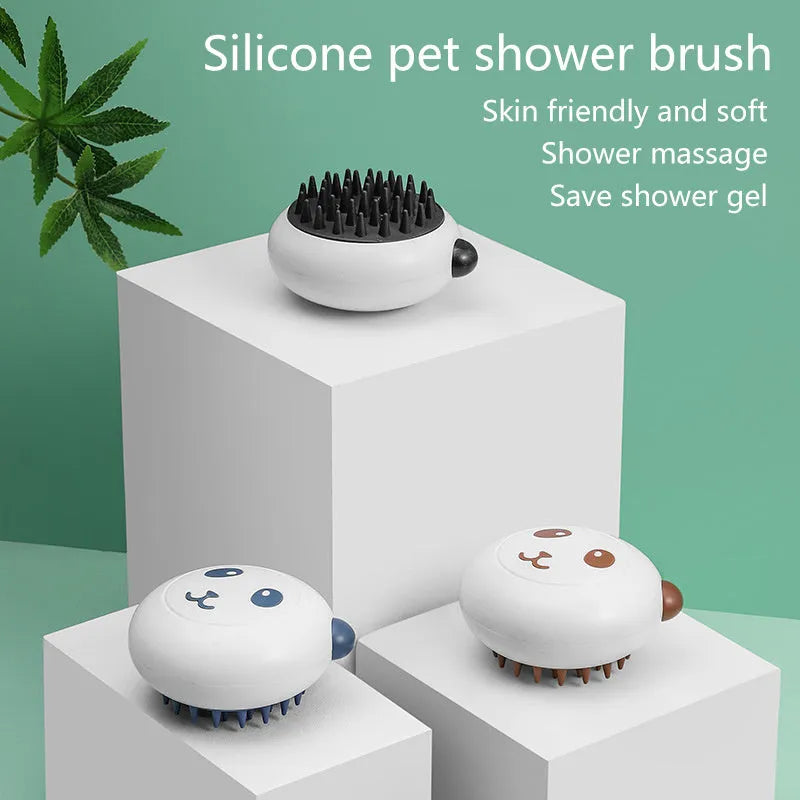 Panda-shaped silicone pet shower brush for bathing cats and dogs in blue.