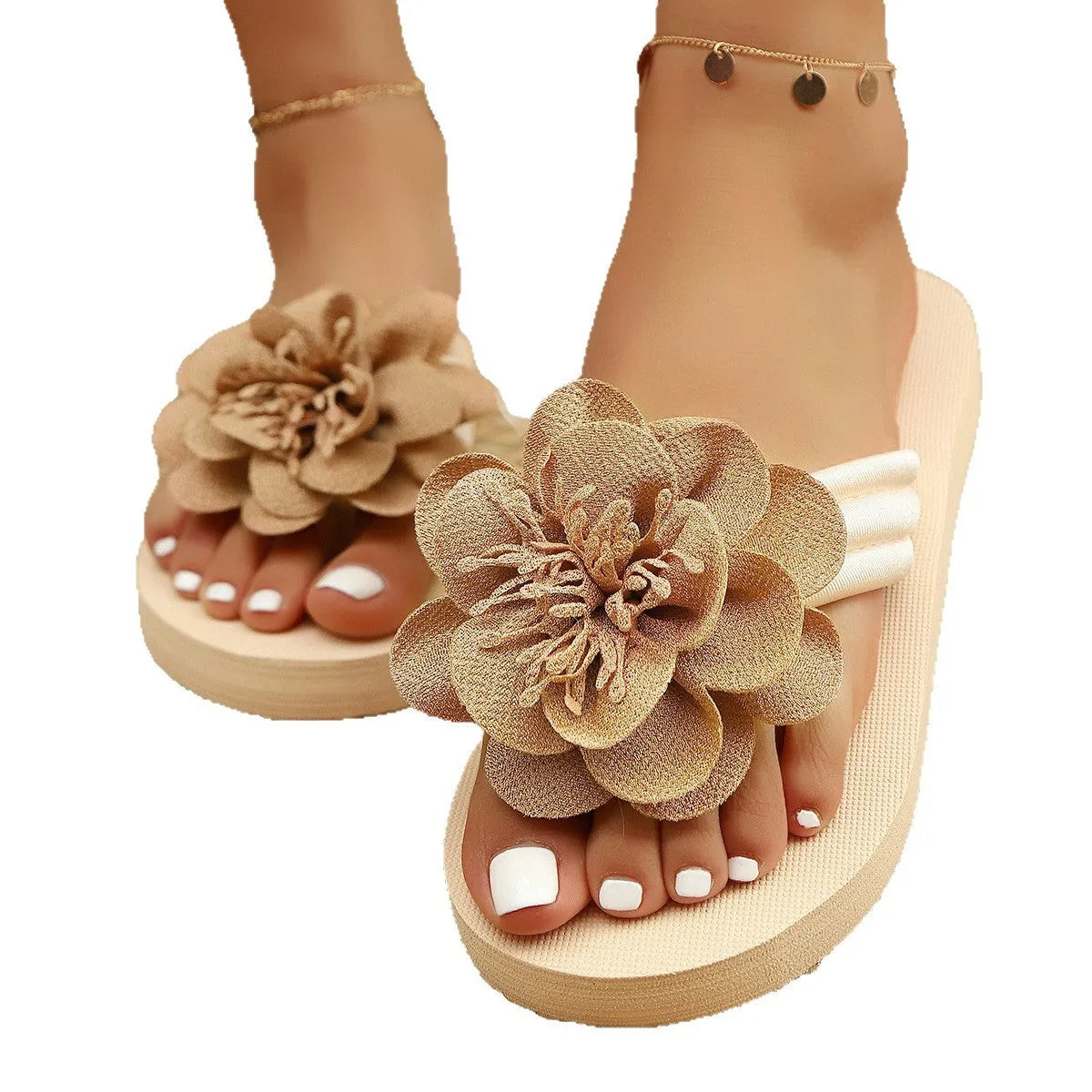 Women's solid colour PU upper flower flat toe flip-flop sandal in beige white, side view