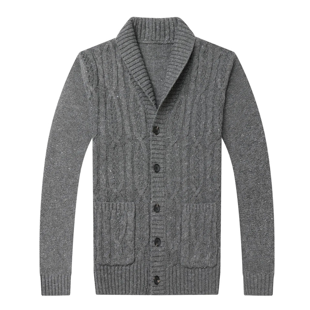 Man wearing a dark grey Korean style jacquard knitted cardigan jacket with a straight cut.
