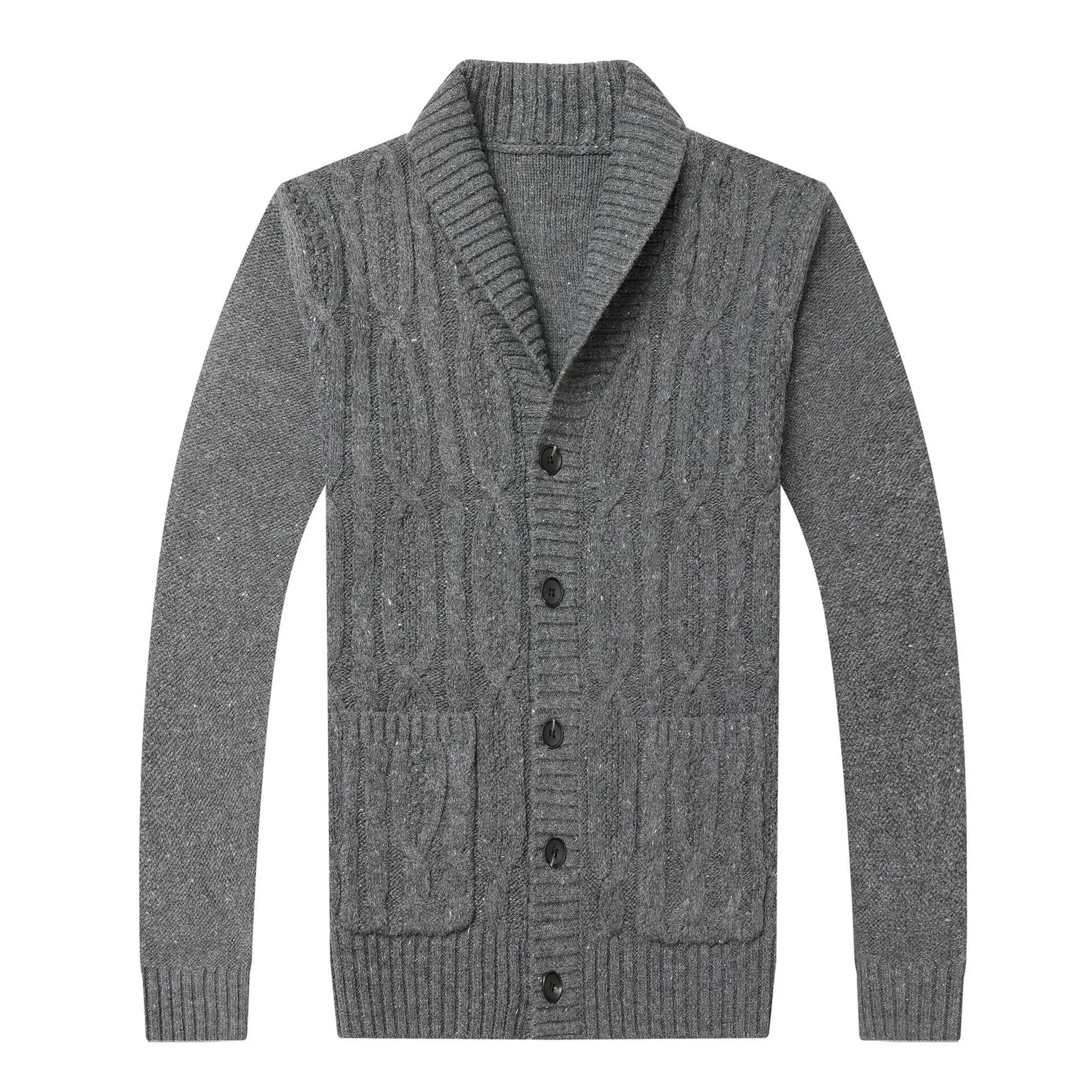 Man wearing a dark grey Korean style jacquard knitted cardigan jacket with a straight cut.