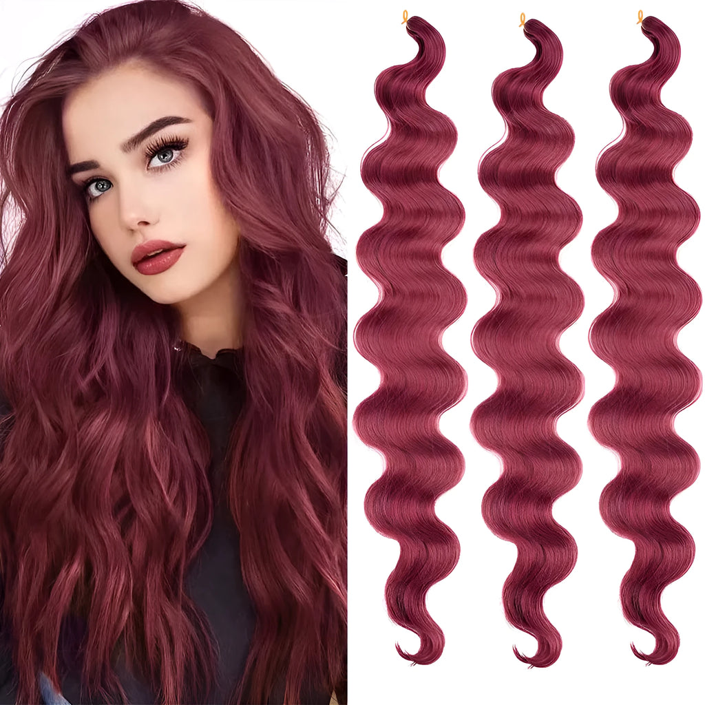 Wine red braided hair extension wig with big wave pattern, 24 inches long