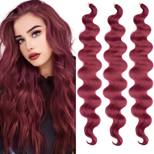 Wine red braided hair extension wig with big wave pattern, 24 inches long