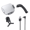 Grey and white wireless charging car phone holder with folding screen and both vent clip and suction cup mounting accessories