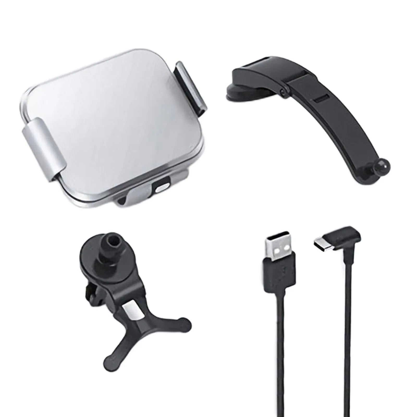 Grey and white wireless charging car phone holder with folding screen and both vent clip and suction cup mounting accessories
