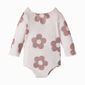 Girls' white long sleeve swimsuit with small flower pattern, triangle romper style, polyester blend
