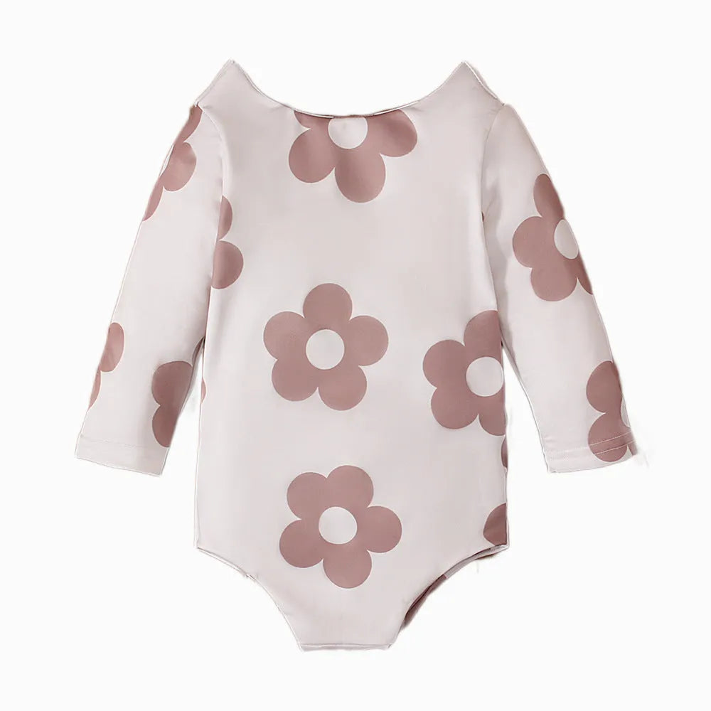 Girls' white long sleeve swimsuit with small flower pattern, triangle romper style, polyester blend