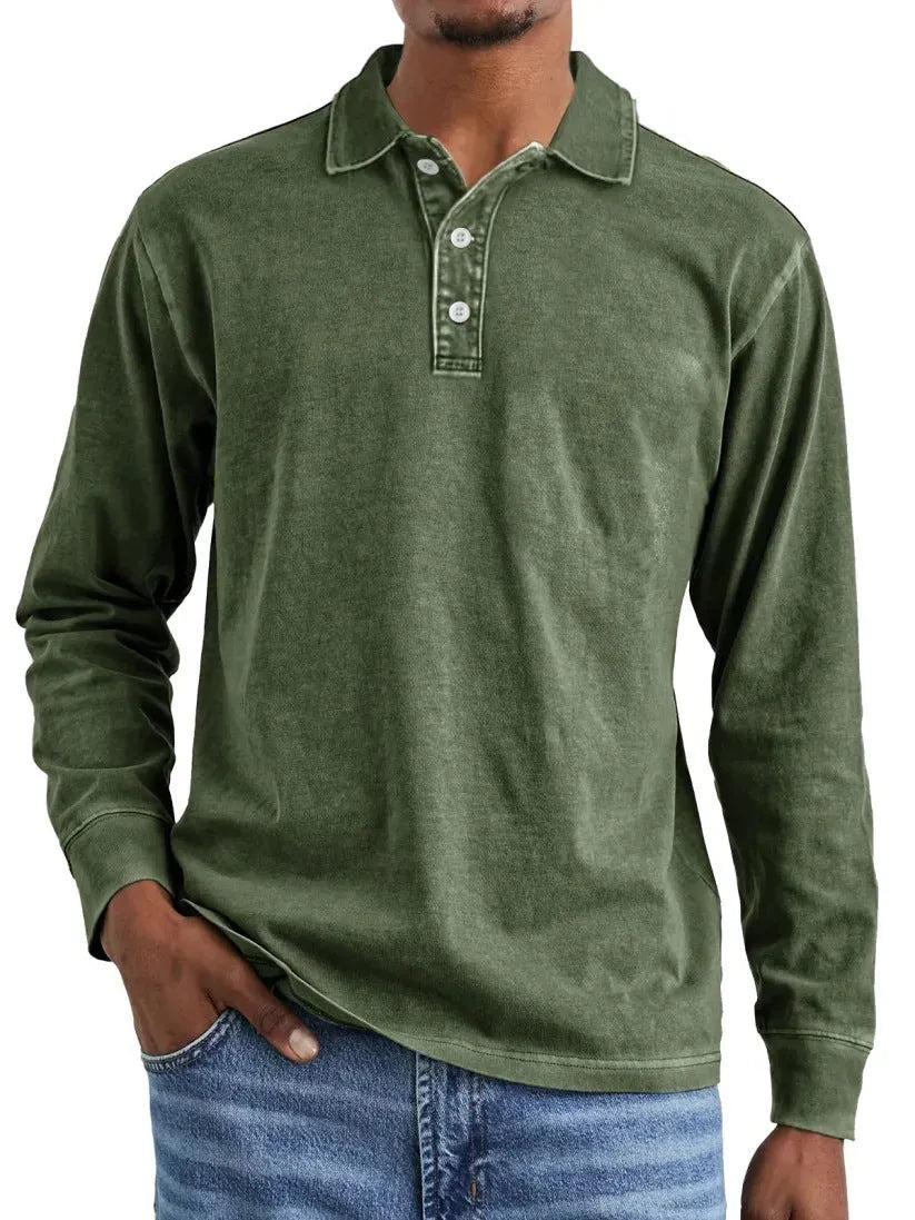 Man's retro washed cotton long sleeve polo shirt with button-up front and lapel collar in various colours.