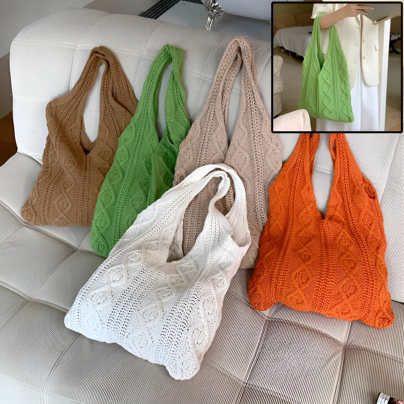 Retro woven shoulder tote bag with hollow knit design in solid colour with double straps