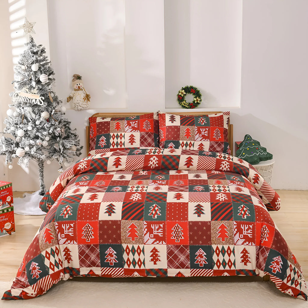Christmas red plaid pattern bedding three-piece set showing duvet cover and pillowcases