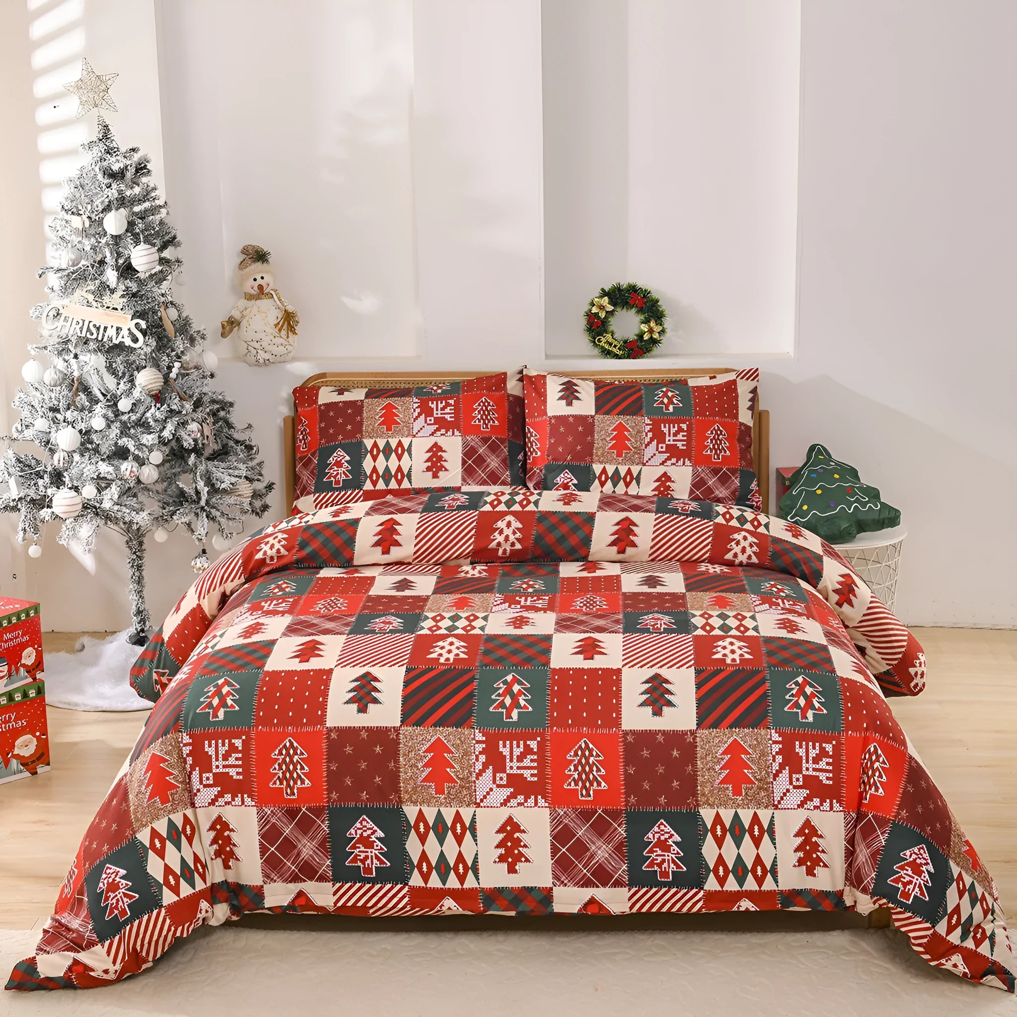 Christmas red plaid pattern bedding three-piece set showing duvet cover and pillowcases