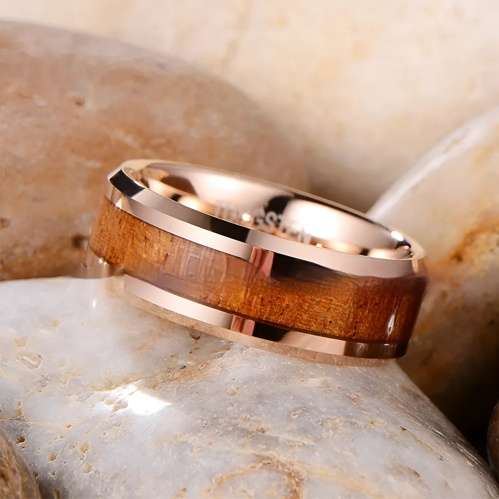 8mm wide U-shaped tungsten ring made from Ugyen wood leather composite in rose gold colour