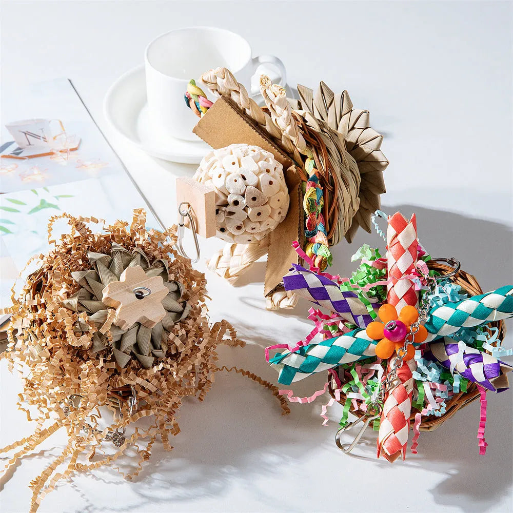 Set of three natural wood gnawing blocks for parrot chewing toy.