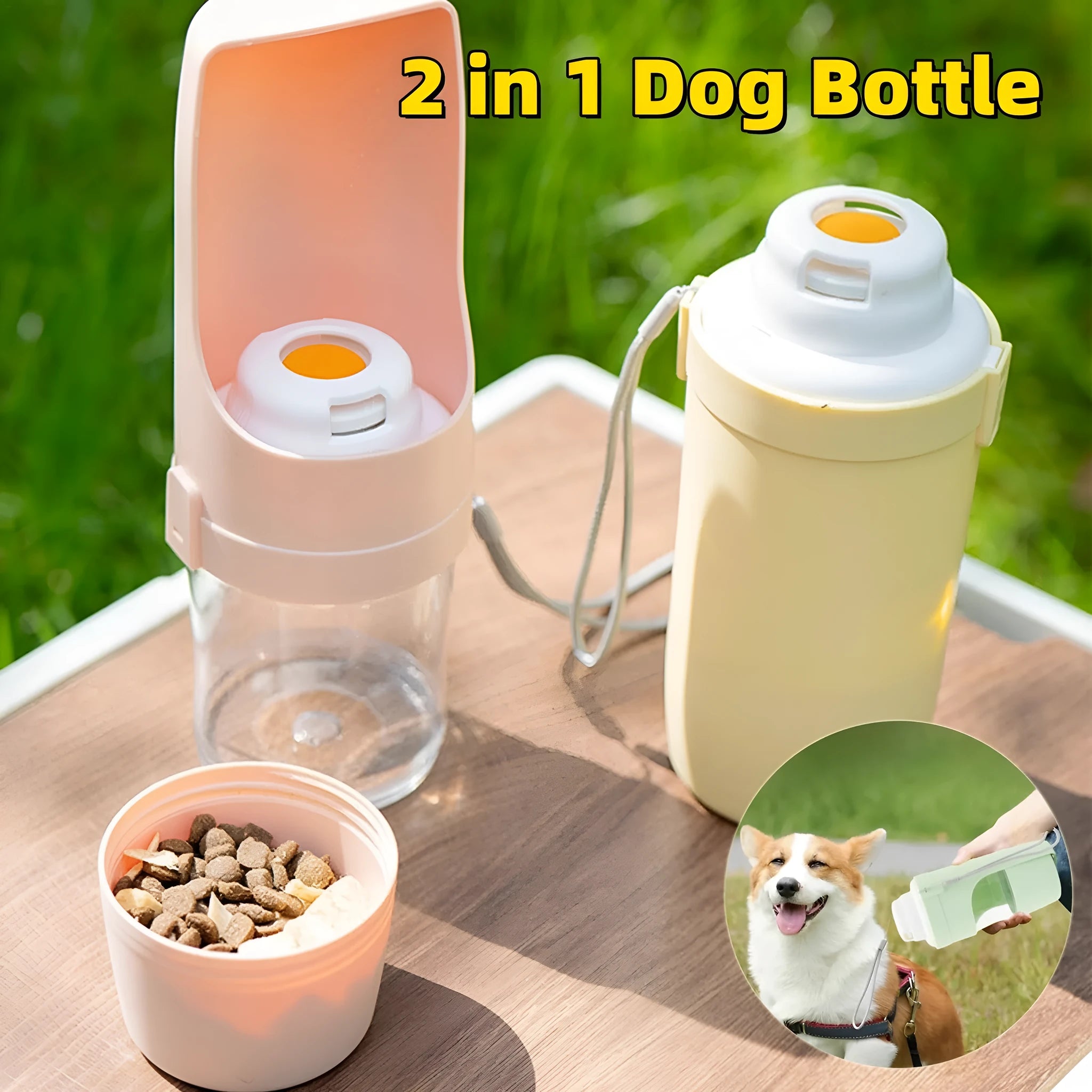 Grey portable 2-in-1 dog water bottle and feeder with drinking cup and lanyard