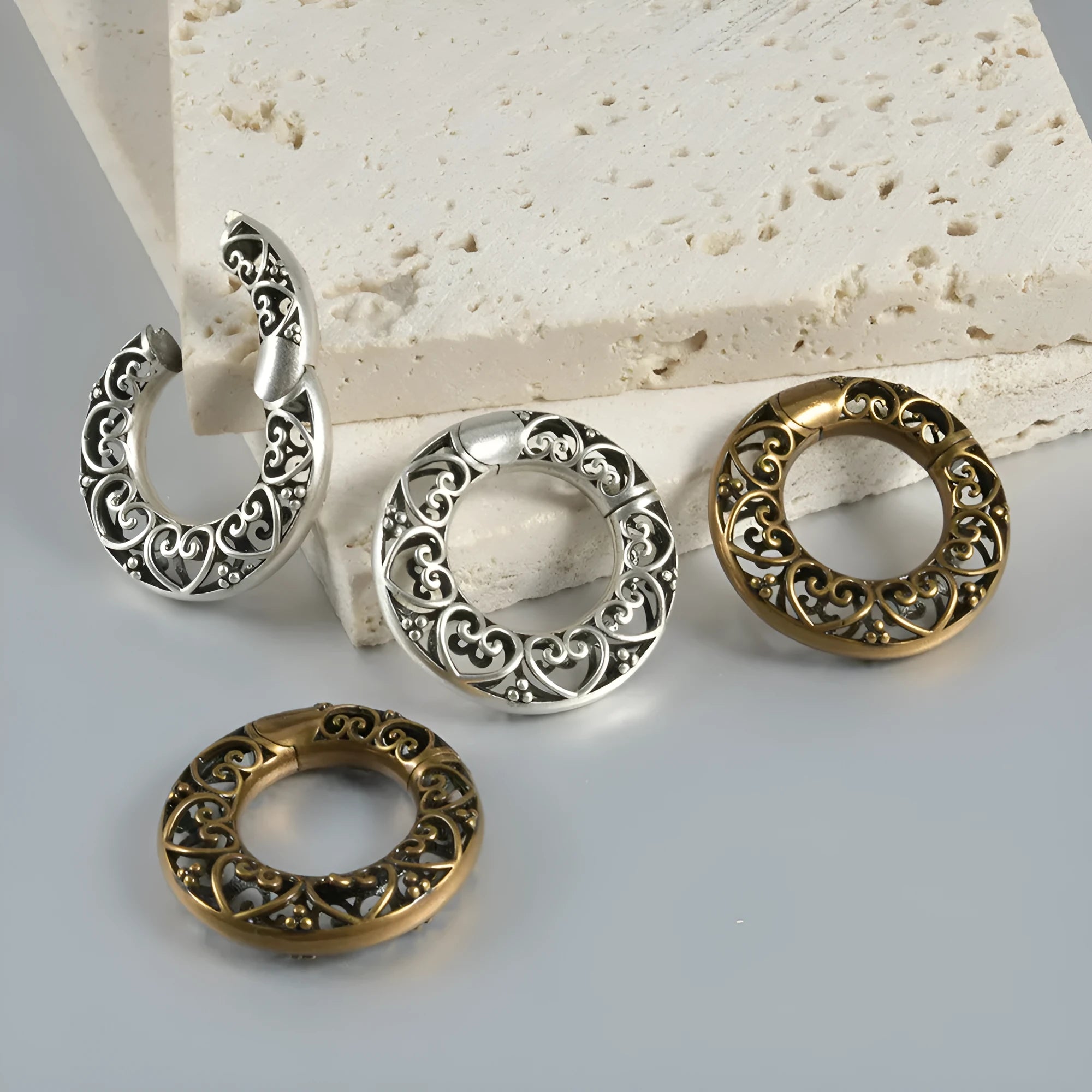 Retro heart-shaped hollow lotus magnetic earrings in antique silver or gold finish