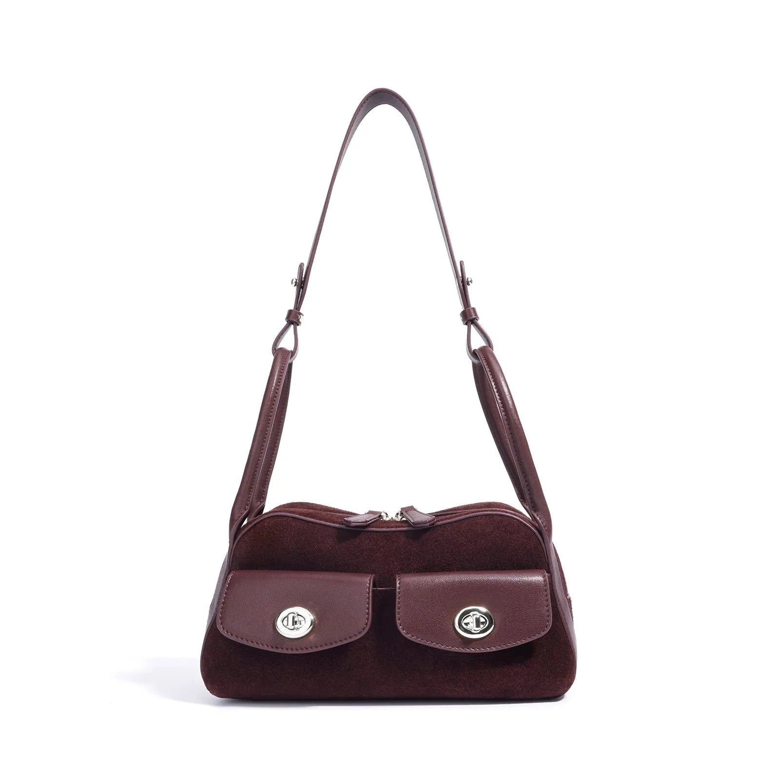 Medium genuine two-layer cowhide leather crossbody shoulder bag in solid colour with sewing line detail, 25x13x12cm