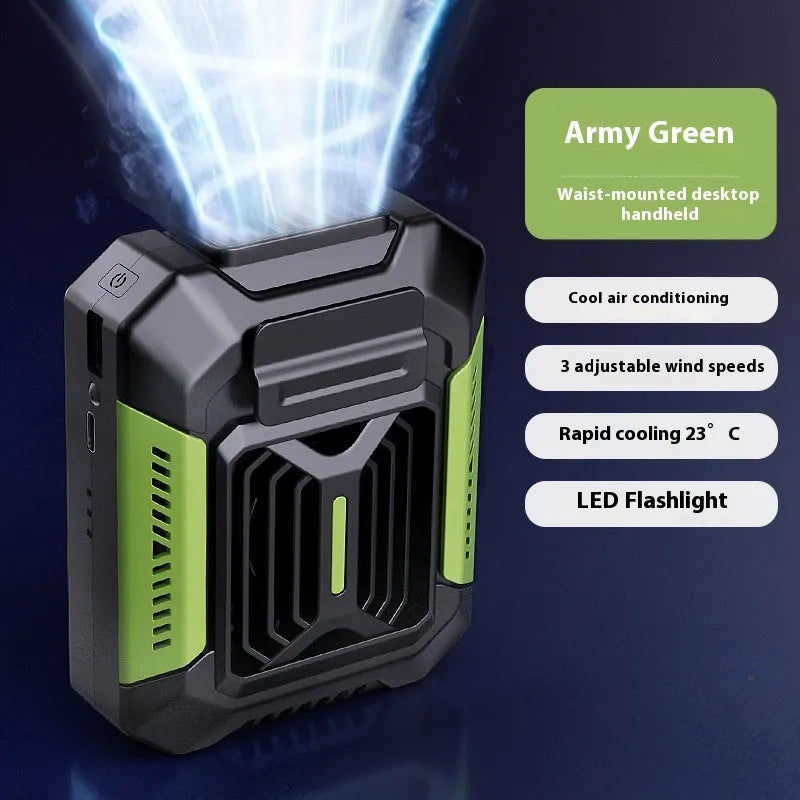 USB rechargeable portable handheld fan in green with brushless motor, three speeds, and lighting function