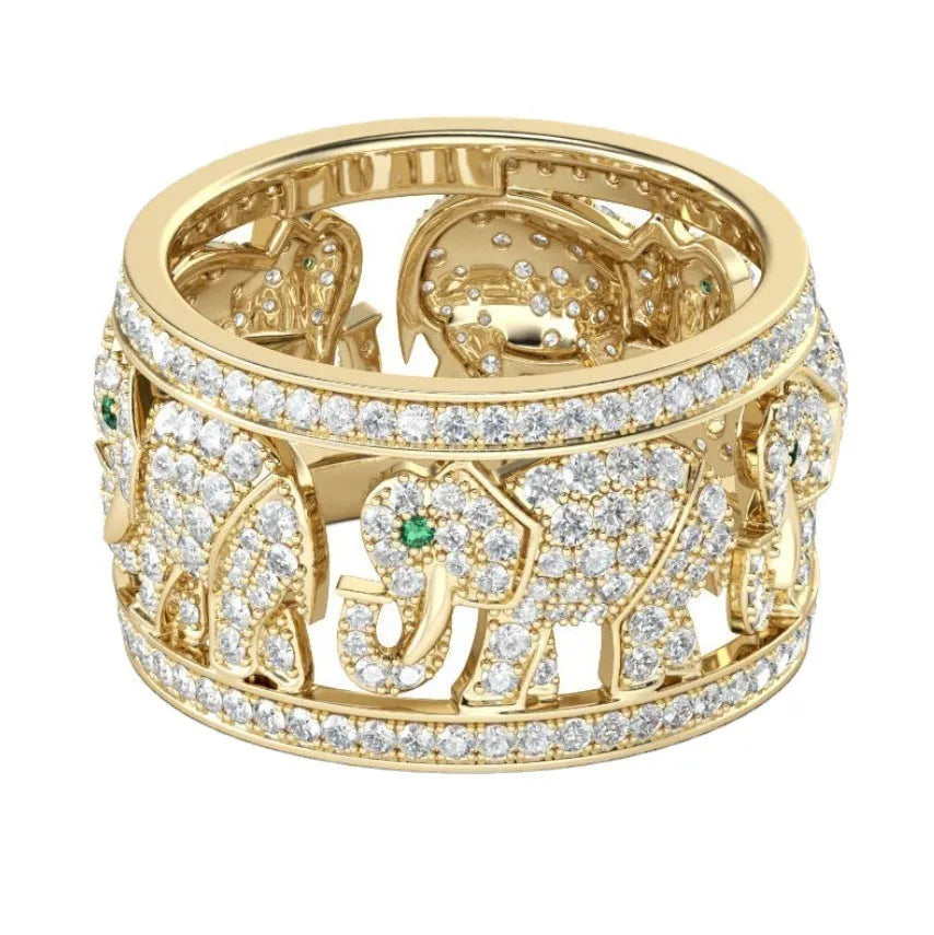 Gold or silver tone alloy elephant ring with a full diamond accent on the band.