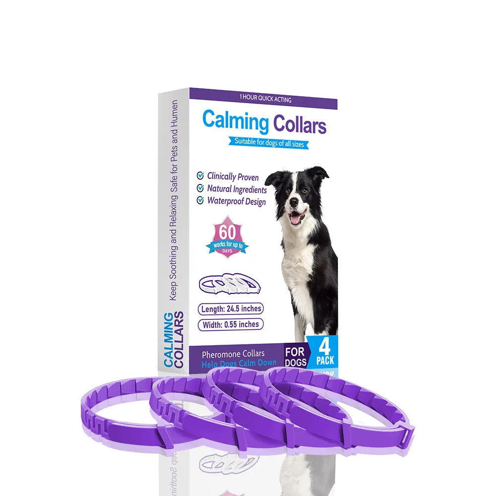 Four TPR dog anxiety collars in different colours showing Chinese style monochrome pattern.