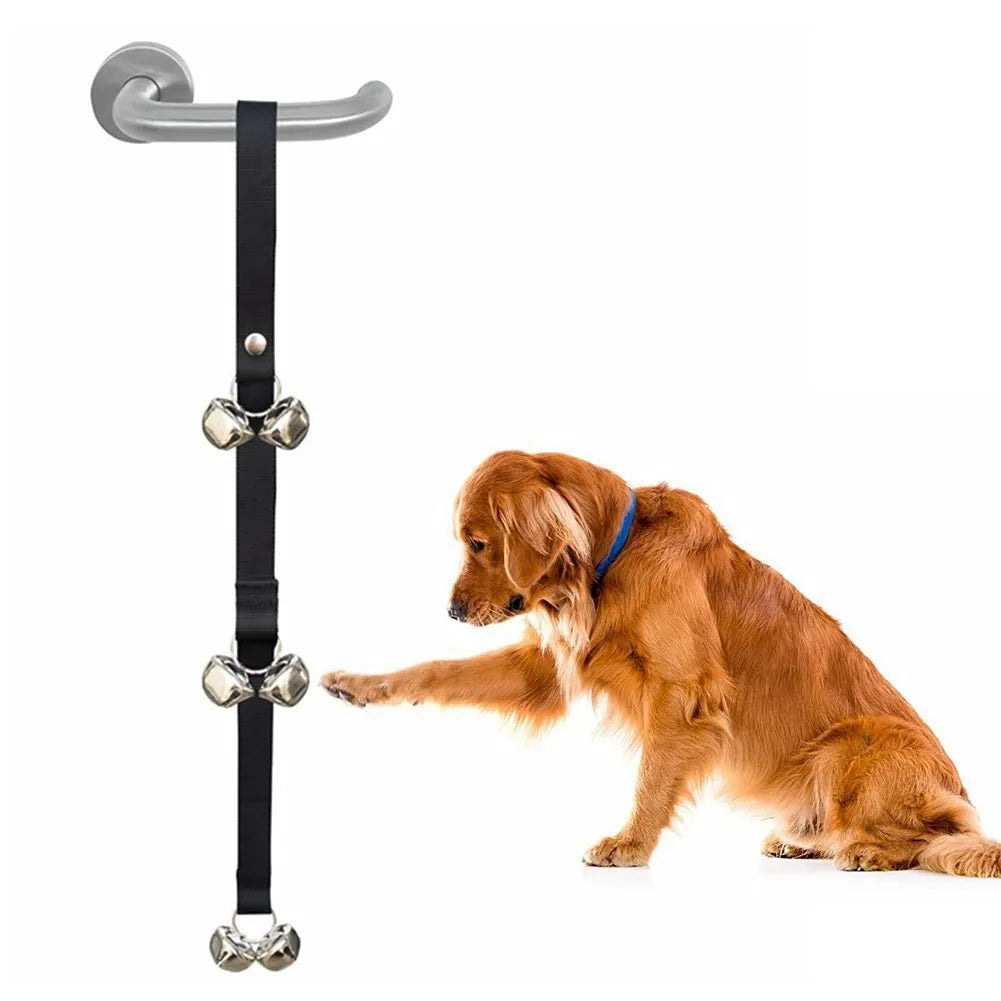 Adjustable dog training doorbell with seven large silver metal bells on a nylon strap.