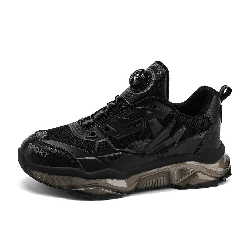 Men's black rotating button dad shoes with mesh upper and platform sole on a white background.