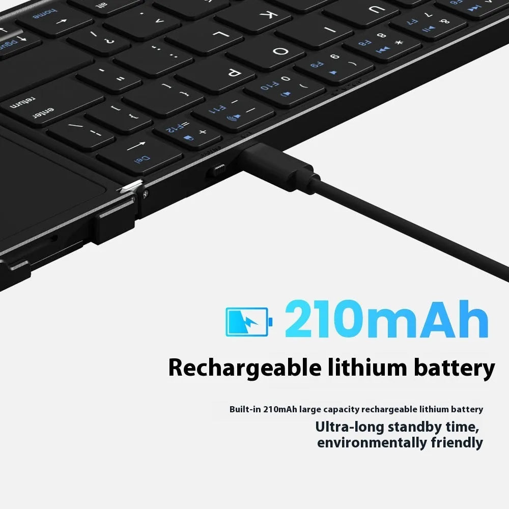 Black folding Bluetooth keyboard with touchpad option showing compact folded size