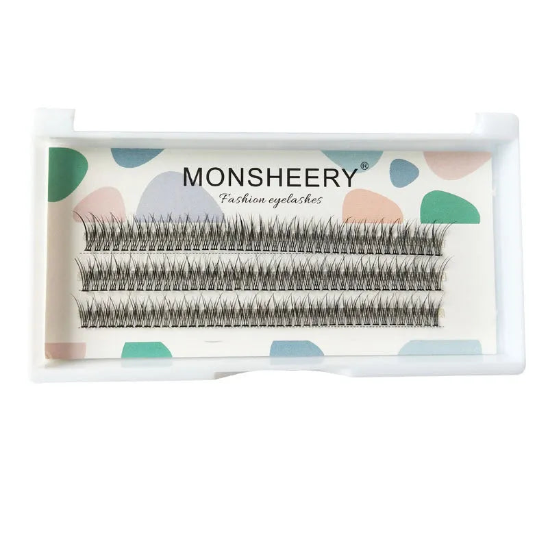 Black V-shaped Fairy Fishtail false eyelashes with thick segments on a clear tray, showing the 8mm to 12mm length options.