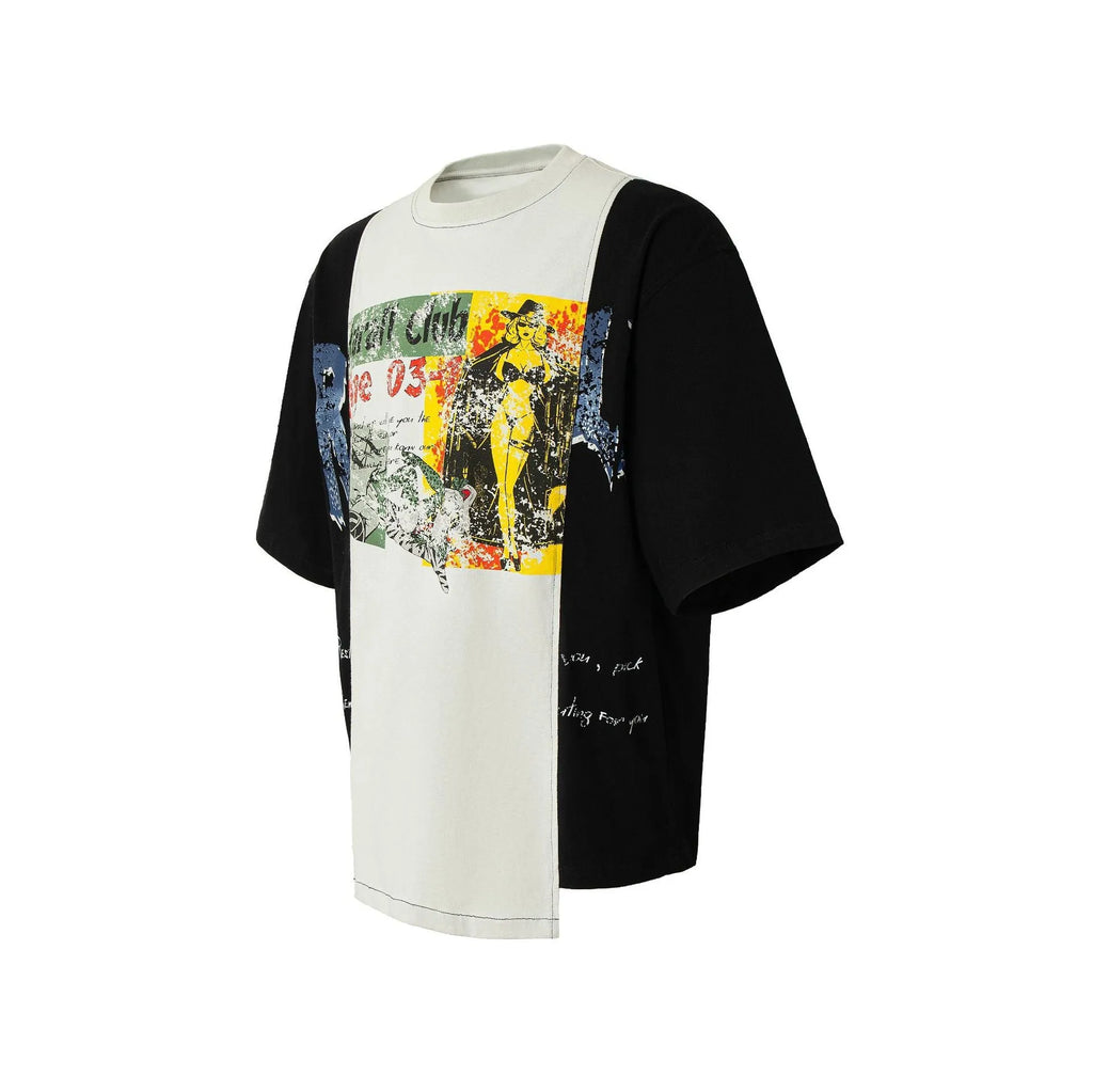 Black and white deconstruction printed cotton blend t-shirt with loose fit and short sleeves