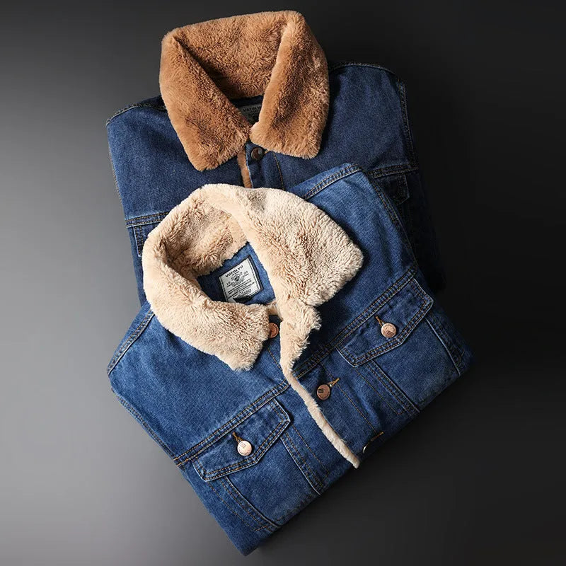 Men's blue fleece-lined denim jacket with patch pockets and cotton lining