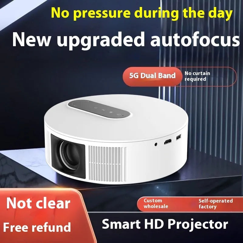 White HD 720p home theatre projector with remote control on a table.