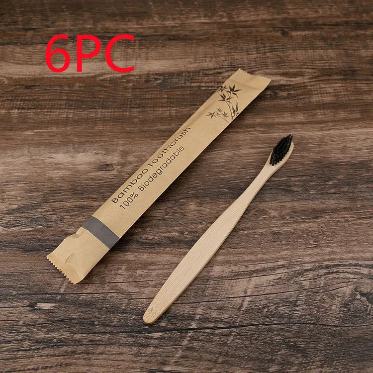 Set of 10 bamboo toothbrushes in six colours with soft charcoal bristles