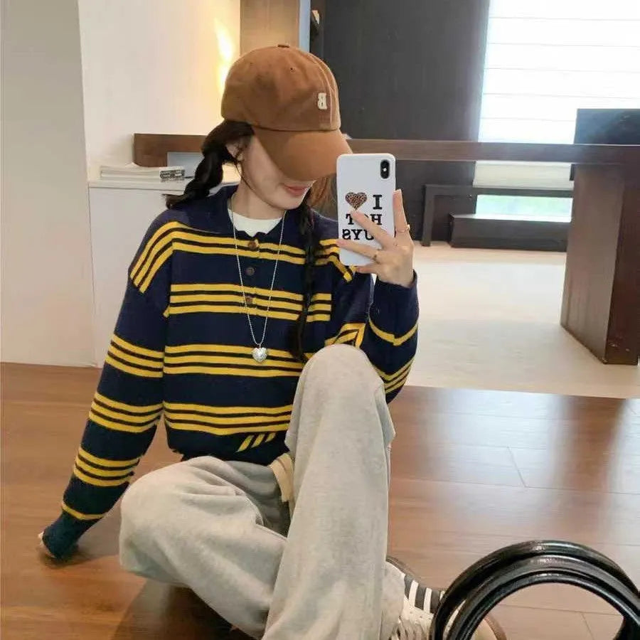 Yellow striped loose sweater for women with long sleeves, pullover design, polyester fabric