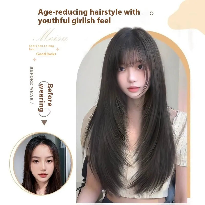 Full-head wig with long straight black layered hair and brown black bangs