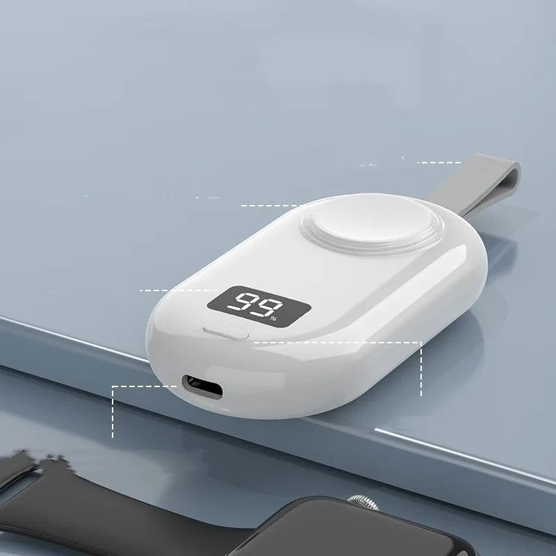 Black and white wireless power bank for watches with Type-C port and compact plastic casing