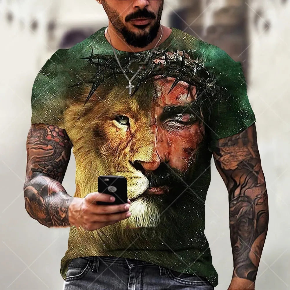 Men's 3D printed Jesus pattern T-shirt in breathable polyester fabric showing front graphic detail