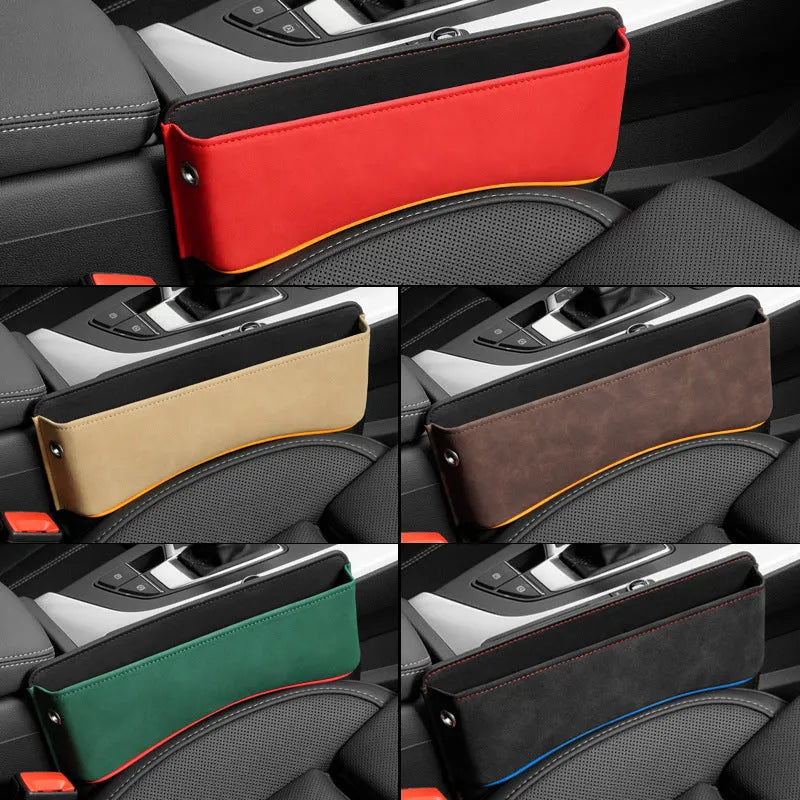 Leather car seat storage box in beige colour on a car passenger seat.