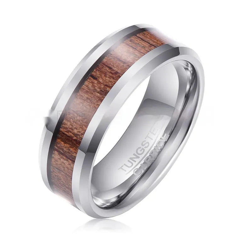 8mm wide U-shaped tungsten ring made from Ugyen wood leather composite in rose gold colour