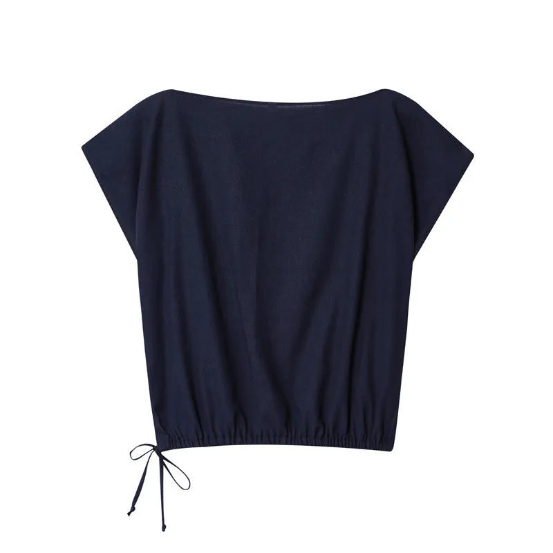 Women's off-neck polyester shirt with flounced sleeves paired with matching wide-leg trousers.