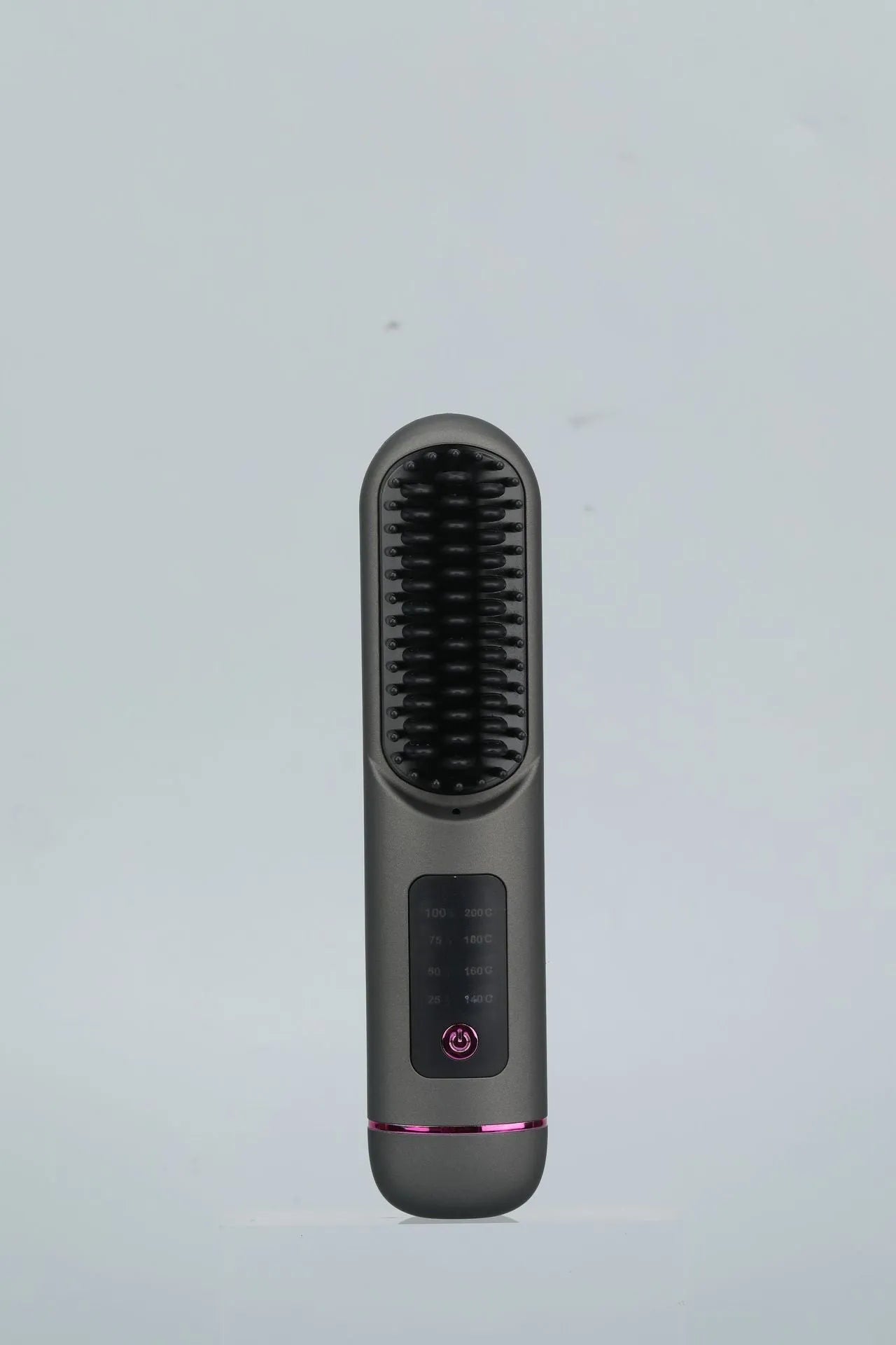 A white portable negative ion hair comb with USB-C charging port, shown alongside dark blue and grey colour options.