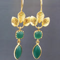 Gold French leaves tassel drop earrings with water droplet design and retro styling