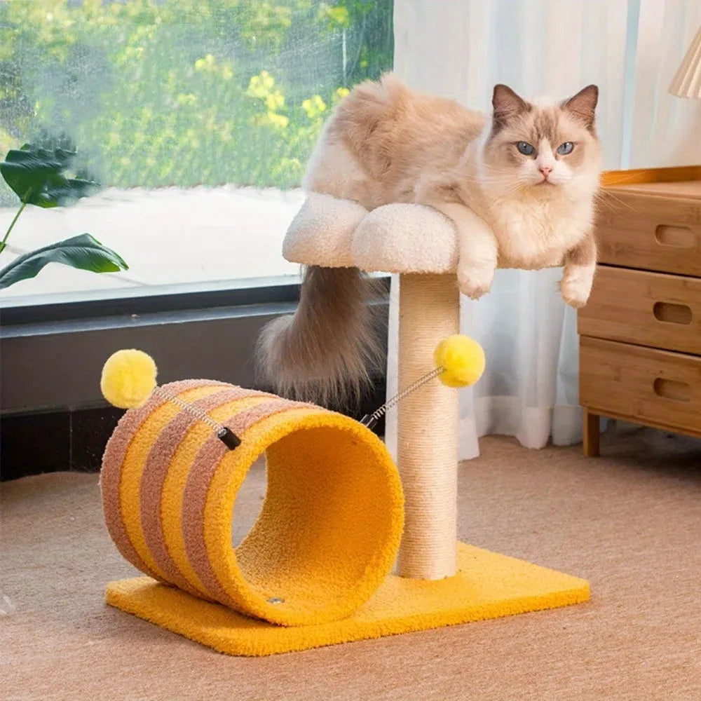 Yellow Bee cat climbing frame with sisal scratching board and tunnel, dimensions 46x36x25 cm